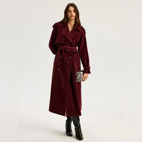 Commense Jackets & Blazers - Commense Belted Double-Breasted Suede Effect Long Trench Coat